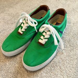 Polo by Ralph Lauren Green canvas, Purple stitching & Brown Leather Sneakers